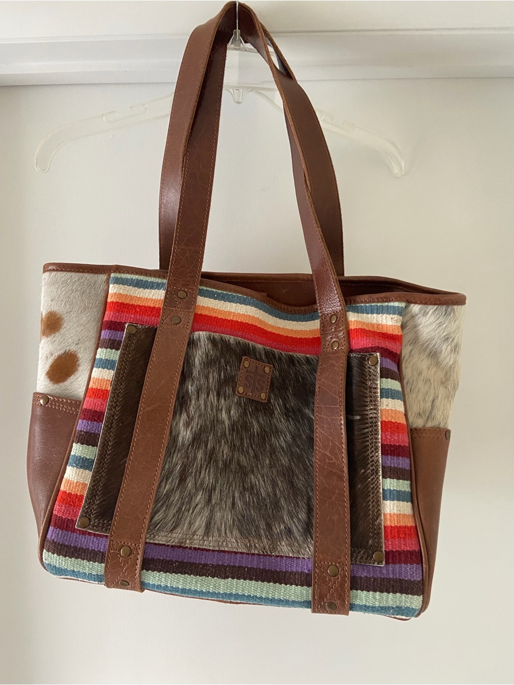 STS Brown Leather & Multicolor Stripe Tote Bag with Haircalf Accent